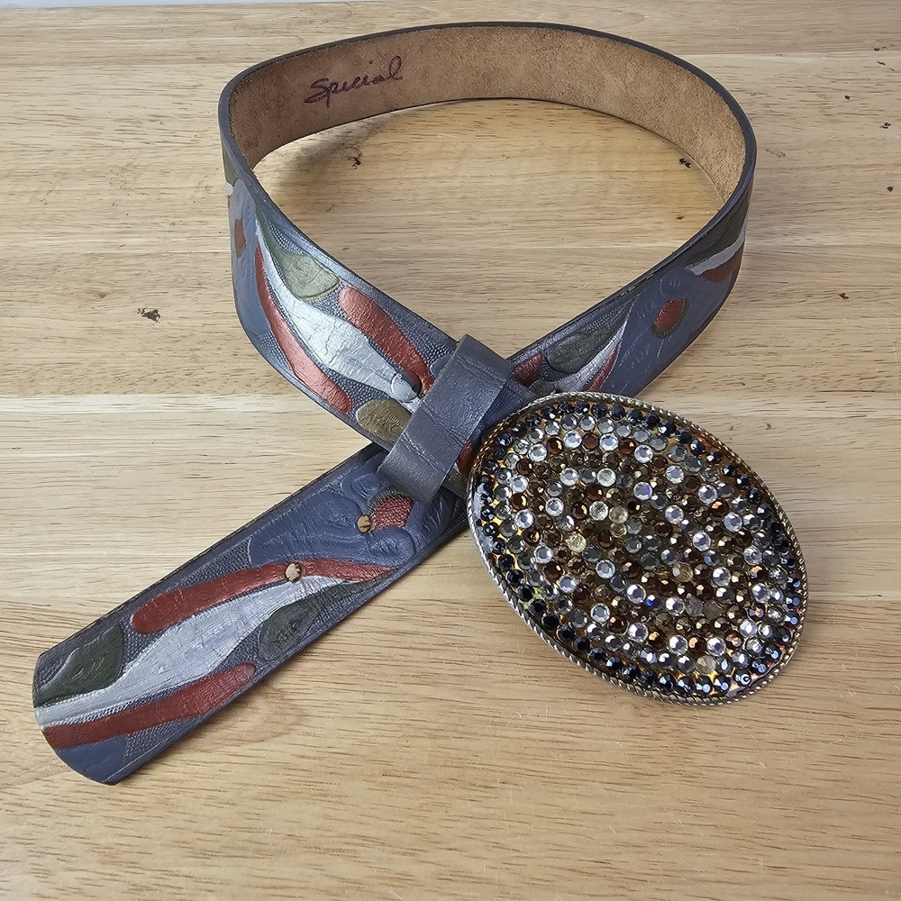 Designer Womens‎ S Floral Tooled Leather Belt Purple Blue Gold Rhinestone Buckle